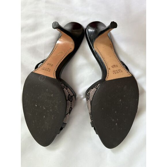 Vintage Authentic Gucci Mules Mid High Heel Canvas Black Leather Monogram 8.5B - Picture 9 of 10